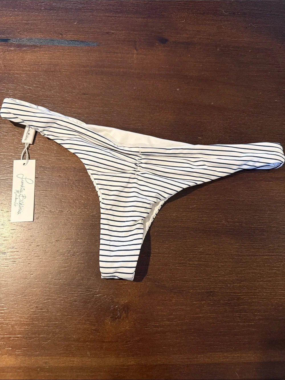 Frankie’s Bikinis Striped White & Navy Thong Bikini Bottom